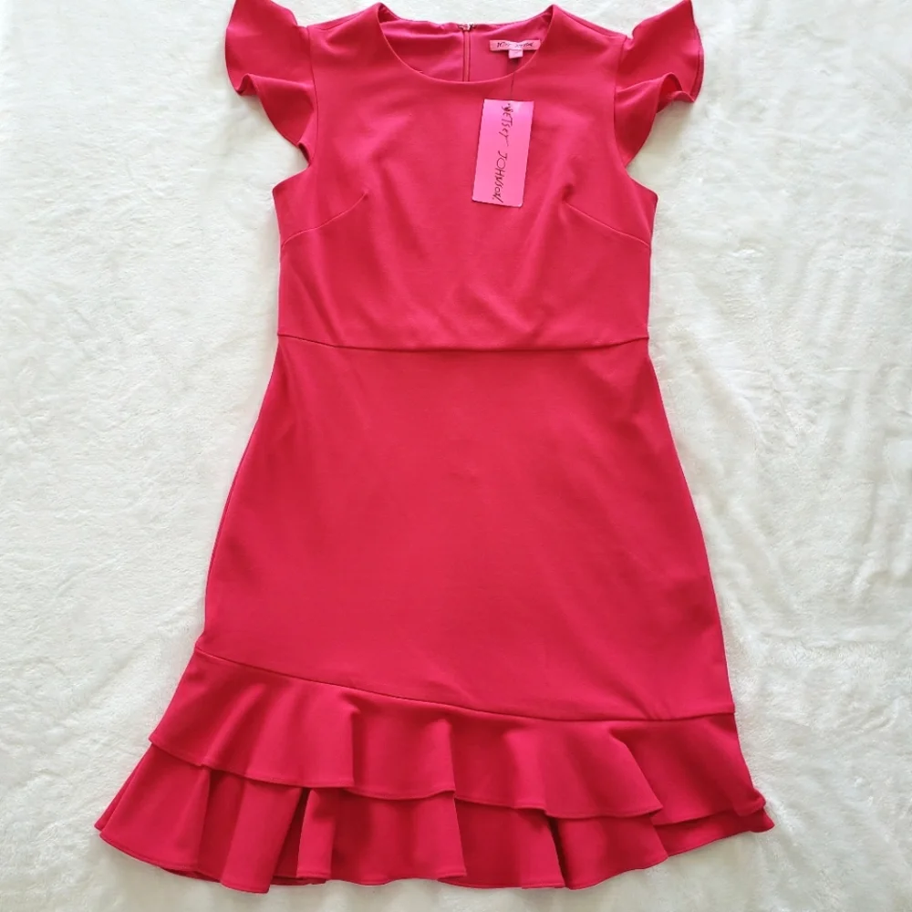 BETSEY JOHNSON Short Sleeve Fitted Ruffle Hem Fuchsia Dress--NWT--10 - Picture 6 of 12